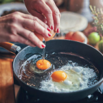 Two eggs being cracked open into a cast iron skillet.